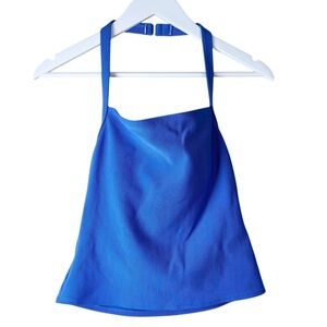 Lands End Blue Rib Knit Halter Strap Tankini Swim Top Built-in Bra Women 12 Long